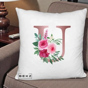 Cadou Personalizat - Perna Personalizata Monograma Rose Gold Litera U, 40x40 cm, Alb Pufos, Husa Detasabila, Perna Inclusa, BEKZ®