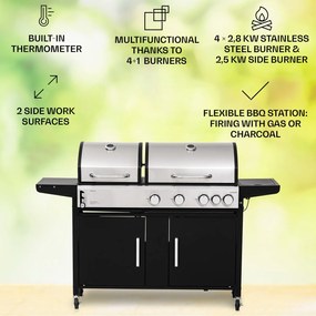 Kingsville 4.1, grătar combinat pe gaz și cărbuni, 13,7 kW, 4+1 arzătoare, înălțime reglabilă