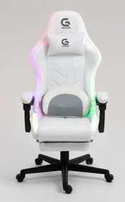 RESIGILAT- Scaun gaming, Masaj cu Role in perna lombara, Boxe bluetooth, sistem iluminare bandă LED RGB, suport picioare, Alb