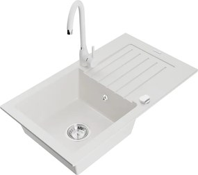 Mexen Pablo chiuvetă de bucătărie din granit 1-cameră cu scurgător și baterie de bucătărie Telma, alb - 6510-20-670200-20