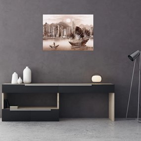 Tablou - Victoria Harbour, Hong Kong, efect sepia (70x50 cm)