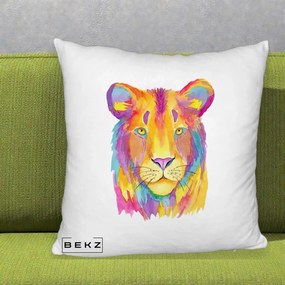 Perna Decorativa Leu Acuarela Curcubeu, 40x40 cm, Alb Pufos, Husa Detasabila, Perna Inclusa, BEKZ®
