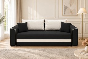 Canapea extensibilă Ondina din stofă, negru + crem, cu ladă de depozitare