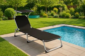 Șezlong – pliabil, cu copertină de umbrire, negru 178 cm