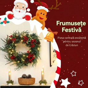 HOMCOM Ghirlandă de Crăciun de 60 cm cu Lumini LED Albe, Coroană de Crăciun cu Temporizator, 170 de Ramuri, Conuri de Pin, Boabe și Vâsc, Decor de Crăciun pentru Ușă și Fereastră, Verde | Aosom Romania