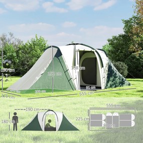 Outsunny Cort de Camping pentru 4-6 Persoane cu 2 Camere, 2 Uși și Geantă de Transport, 555x225x190 cm, Verde | Aosom Romania