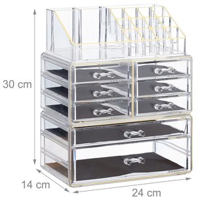 Organizator produse cosmetica 8 sertare  suport pentru pensule creioane si rujuri Transparent /Auriu Acril