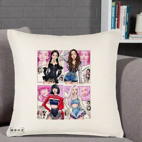Perna Personalizata K-pop BLACKPINK Fanart Manga Benzi Desenate 4 Membre, 40x40 cm, Crem Reliefat, Husa Detasabila, Perna Inclusa, BEKZ®