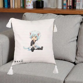 Perna Personalizata Gintama Gintoki Chibi Pisica, 40x40 cm, Bej cu Franjuri, Husa Detasabila, Perna Inclusa, BEKZ®