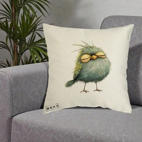 Perna Decorativa Pasare Teal Adormita cu Ochi Galbeni, 40x40 cm, Ecru, Husa Detasabila, Perna Inclusa, BEKZ®