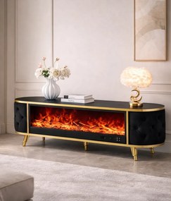 Șemineu electric cu efect LED realist cu 12 culori, Comodă TV cu design oval, control vocal și telecomandă, fără încălzire, 180 cm, Negru