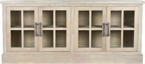 Bufet rustic din lemn masiv de hevea, natur, cu 4 uși vitrate și mânere din metal patinat, 82 x 180 x 40 cm, „Clarmont”