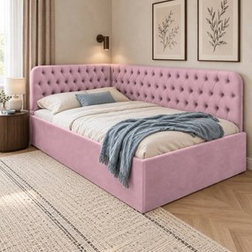 Pat tapițat pentru copii din catifea Elyra 140×200 cm, roz, colț dreapta, cu ladă de depozitare