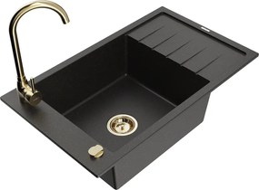 Mexen Elias chiuvetă de granit cu 1 compartiment, cu scurgător și baterie de bucătărie Telma, negru/auriu