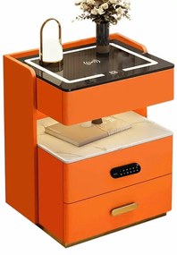 Noptieră inteligentă cu încărcare wireless, iluminare LED, 3 sertare de depozitare, senzor de lumină nocturnă, difuzor Bluetooth și încuietoare biometrică – portocalie, design modern din sticlă și lemn