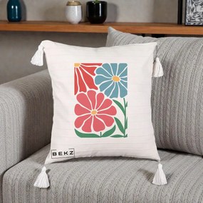 Perna Decorativa Flori Grafice Rosu-Albastru, 40x40 cm, Bej cu Franjuri, Husa Detasabila, Perna Inclusa, BEKZ®