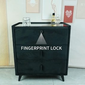 Noptieră inteligentă multifuncțională, 3 sertare, blocare cu amprentă, LED-uri tactile, 3 tipuri de culoare, încărcare fără fir, Difuzor Bluetooth, incarcare USB, sticla securizata, catifea, Negru