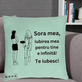 Cadou pentru Sora - Perna Personalizata Sora Mea Te Iubesc Fete Elegante cu Cadou, 40x40 cm, Verde Menta, Husa Detasabila, Perna Inclusa, BEKZ®