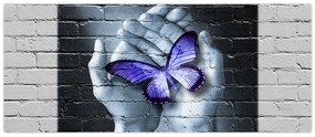 Tablou - Fluture violet pe perete (120x50 cm)