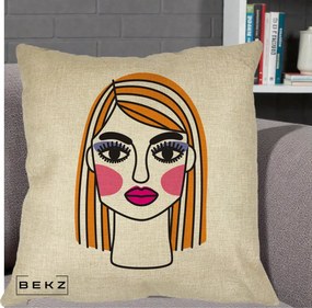 Perna Decorativa Portret Pop Art Fata, 40x40 cm, Crem, Husa Detasabila, Perna Inclusa, BEKZ®