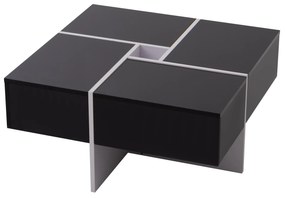 Elegantă măsuță de cafea lucioasă cu spațiu de depozitare integrat și 4 sertare, 70×70×35 cm, Negru+Alb