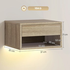 HOMCOM Set 2 Noptiere Suspendate cu LED Integrat și Reglabil prin Aplicație, Sertar și Raft, 37x32x21 cm, Nuanță de Lemn | Aosom Romania