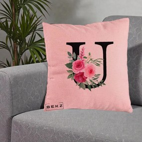 Cadou Personalizat - Perna Personalizata Monograma Florala Litera U, 40x40 cm, Roz, Husa Detasabila, Perna Inclusa, BEKZ®