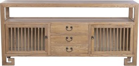 Bufet rustic în stil oriental, din lemn de ulm reciclat, natur, cu 2 uși cu grilaj, 3 sertare și raft deschis, 80 x 170 x 40 cm, „Largentière”