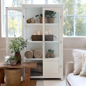 Vitrină din lemn masiv cu uși din sticlă și rafturi, finisaj crem antichizat, 97×41×170 cm