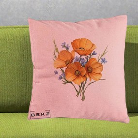 Perna Decorativa Maci Portocalii cu Floricele Albastre, 40x40 cm, Roz, Husa Detasabila, Perna Inclusa, BEKZ®