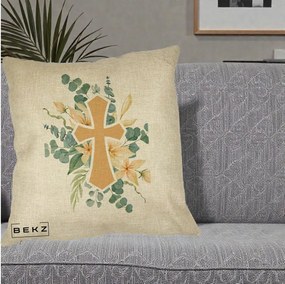 Perna Personalizata Cruce Florala Botez, 40x40 cm, Crem, Husa Detasabila, Perna Inclusa, BEKZ®