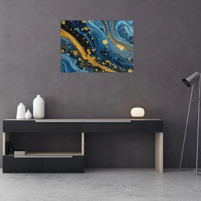Tablou pe sticlă - Abstracție albastră cu aur (70x50 cm)