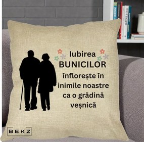 Cadou pentru Bunici - Perna Personalizata Bunicii Iubirea Infloreste Silueta Neagra Flori, 40x40 cm, Crem, Husa Detasabila, Perna Inclusa, BEKZ®