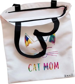 Sacosa de Panza pentru Cumparaturi, Geanta Tote, model Cat Mom, Cu fermoar, 38x34.5 cm, Alba, BEKZ®