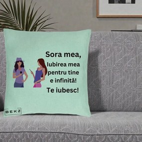 Cadou pentru Sora - Perna Personalizata Sora Mea Te Iubesc Doua Fete cu Telefoane, 40x40 cm, Verde Menta, Husa Detasabila, Perna Inclusa, BEKZ®