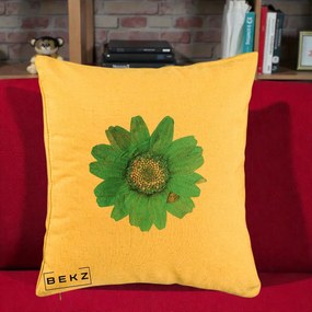 Perna Decorativa Floare Gerbera Teal Acuarela, 40x40 cm, Galben, Husa Detasabila, Perna Inclusa, BEKZ®