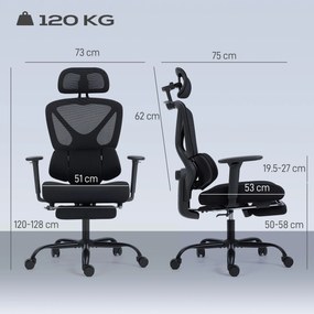 HOMCOM Scaun de birou ergonomic, cu suport lombar dinamic și suport pentru picioare, 73x75x120-128 cm, negru | Aosom Romania