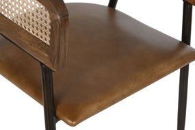 Scaun dining cu brațe din ratan și piele, maro, spătar curbat împletit și picioare negre din metal, 78 x 52 x 56 cm, „Cannage”