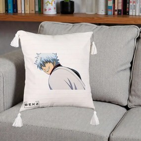 Perna Personalizata Gintama Gintoki Portret cu Zambet, 40x40 cm, Bej cu Franjuri, Husa Detasabila, Perna Inclusa, BEKZ®