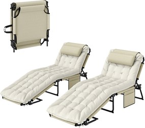 Outsunny Set de 2 șezlonguri pliabile cu spătar reglabil 4 poziții - tetieră și saltea groasă bej | Aosom Romania