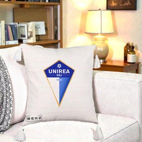 Perna Personalizata Unirea Dej 1921 Fotbal, 40x40 cm, Bej cu Franjuri, Husa Detasabila, Perna Inclusa, BEKZ®