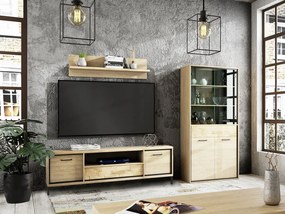 Mobilă pentru sufragerie Stanton F123Luminos lemn, Stejar, Părți separate, Cu comodă tv, Cu componente suplimentare, PAL laminat, Sticlă călită, 139 kg
