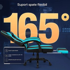 Scaun gaming, Masaj în perna lombară, Suport picioare, Rabatabil 90-165°, piele PU, Negru/Albastru