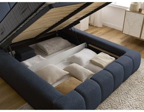 Pat matrimonial albastru închis tapițat cu spațiu de depozitare cu somieră 180x200 cm Denali – Bobochic Paris