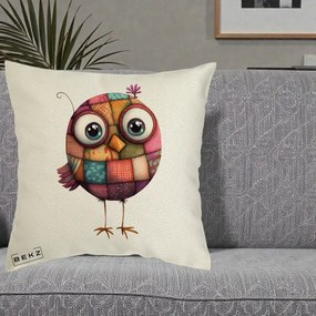 Perna Decorativa Pasare Patchwork Roz cu Floare, 40x40 cm, Ecru, Husa Detasabila, Perna Inclusa, BEKZ®