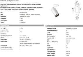 Spot directionabil pentru sina Link QUICK 15W CRI80 30 grade 4000K ON-OFF WH