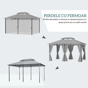 Outsunny Gazebo 4x3 m cu 6 Perdele și Acoperiș cu 2 Niveluri, din Oțel și Poliester, Gri Închis | Aosom Romania
