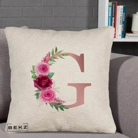 Cadou Personalizat - Perna Personalizata Monograma Rose Gold Litera G, 40x40 cm, Bej Canapea, Husa Detasabila, Perna Inclusa, BEKZ®