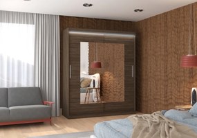 Dulap cu usi glisante si oglinda + iluminare LED, Rosette 180 + LED, 180 cmx200 cmx58 cm, ADRK Furniture (Culoare: Ciocolata)