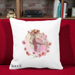 Perna Decorativa Femeie cu Flori Roz Acuarela, 40x40 cm, Alba Mata, Husa Detasabila, Perna Inclusa, BEKZ®